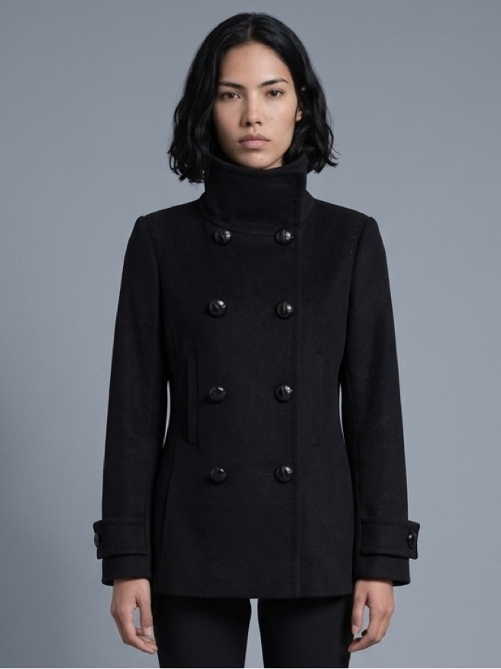 BABATON Aritzia Women's Black Double-Breasted Wool Blend Black SMALL Peacoat